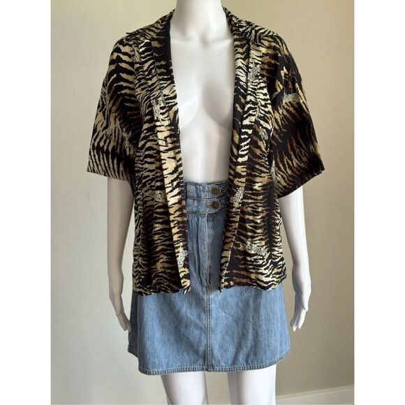 Vintage Animal Leopard Striped Button Up Short Sleeve Summer Top - Picture 4 of 7